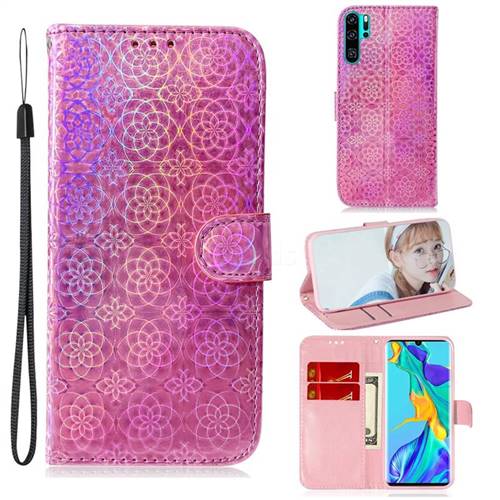 Laser Circle Shining Leather Wallet Phone Case for Huawei P30 Pro - Pink