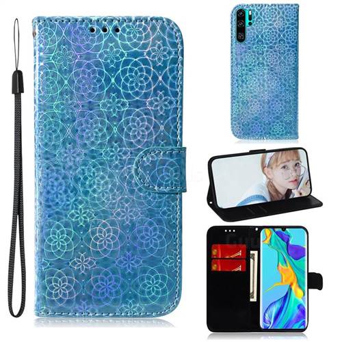 Laser Circle Shining Leather Wallet Phone Case for Huawei P30 Pro - Blue