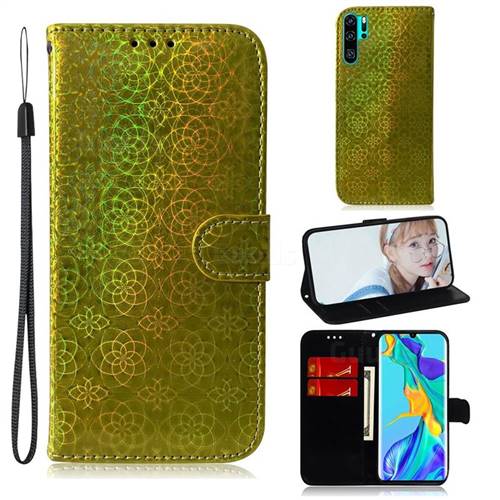 Laser Circle Shining Leather Wallet Phone Case for Huawei P30 Pro - Golden