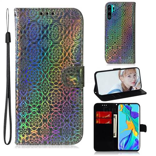 Laser Circle Shining Leather Wallet Phone Case for Huawei P30 Pro - Silver