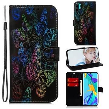 Black Butterfly Laser Shining Leather Wallet Phone Case for Huawei P30 Pro