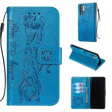 Embossing Tiger and Cat Leather Wallet Case for Huawei P30 Pro - Blue