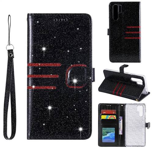 Retro Stitching Glitter Leather Wallet Phone Case for Huawei P30 Pro - Black
