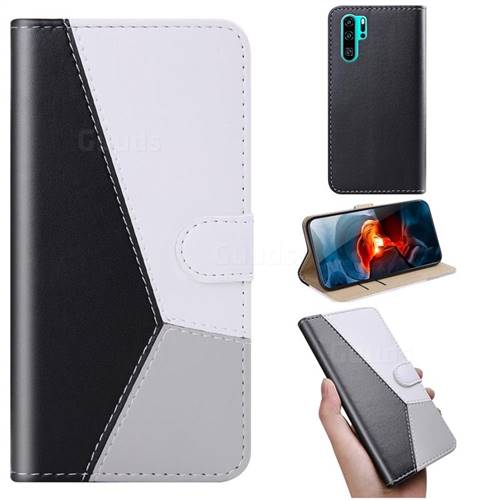 Tricolour Stitching Wallet Flip Cover for Huawei P30 Pro - Black