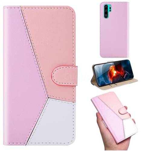 Tricolour Stitching Wallet Flip Cover for Huawei P30 Pro - Pink