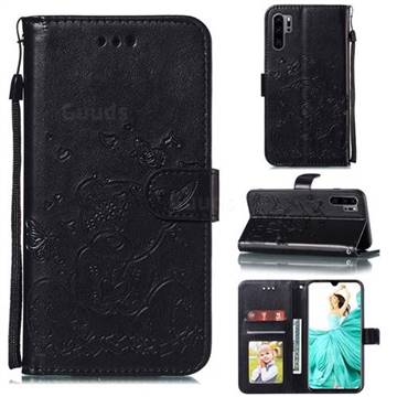 Embossing Butterfly Heart Bear Leather Wallet Case for Huawei P30 Pro - Black
