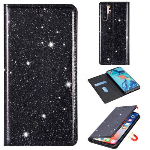 Ultra Slim Glitter Powder Magnetic Automatic Suction Leather Wallet Case for Huawei P30 Pro - Black