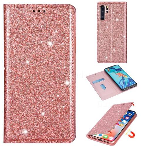Ultra Slim Glitter Powder Magnetic Automatic Suction Leather Wallet Case for Huawei P30 Pro - Rose Gold