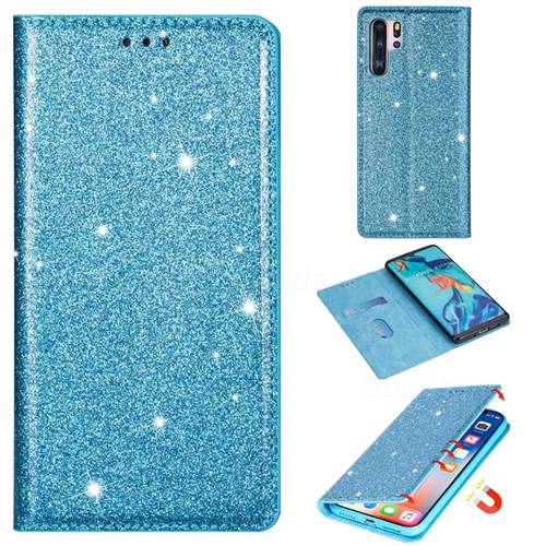 Ultra Slim Glitter Powder Magnetic Automatic Suction Leather Wallet Case for Huawei P30 Pro - Blue