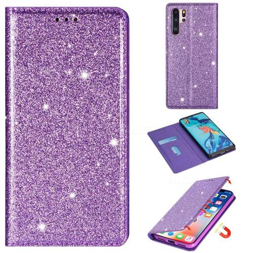 Ultra Slim Glitter Powder Magnetic Automatic Suction Leather Wallet Case for Huawei P30 Pro - Purple