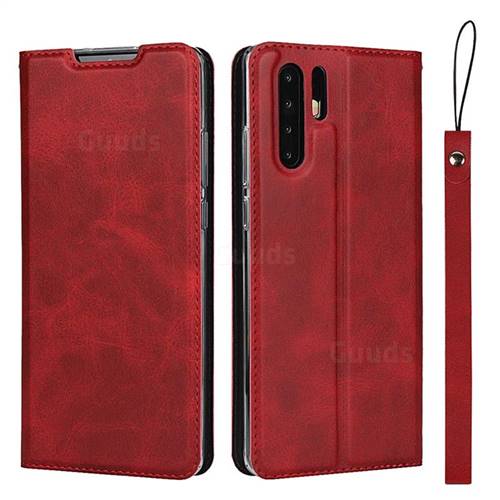 Calf Pattern Magnetic Automatic Suction Leather Wallet Case for Huawei P30 Pro - Red