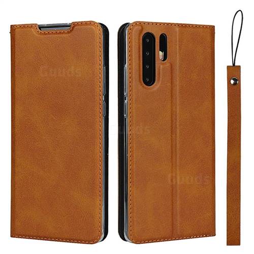 Calf Pattern Magnetic Automatic Suction Leather Wallet Case for Huawei P30 Pro - Brown
