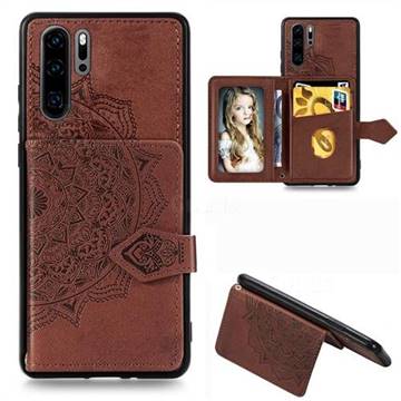 Mandala Flower Cloth Multifunction Stand Card Leather Phone Case for Huawei P30 Pro - Brown