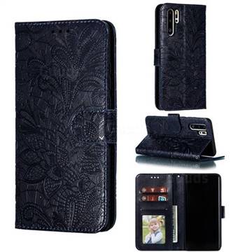 Intricate Embossing Lace Jasmine Flower Leather Wallet Case for Huawei P30 Pro - Dark Blue
