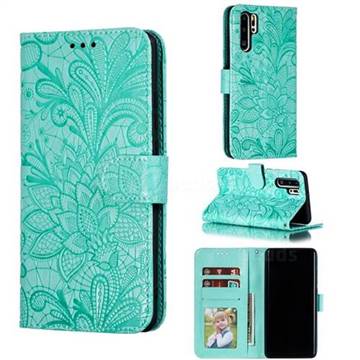Intricate Embossing Lace Jasmine Flower Leather Wallet Case for Huawei P30 Pro - Green