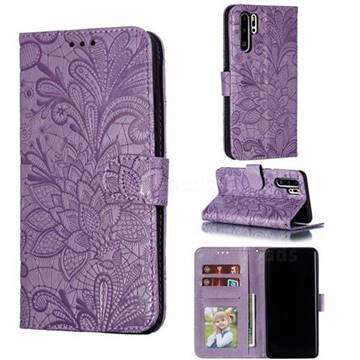 Intricate Embossing Lace Jasmine Flower Leather Wallet Case for Huawei P30 Pro - Purple