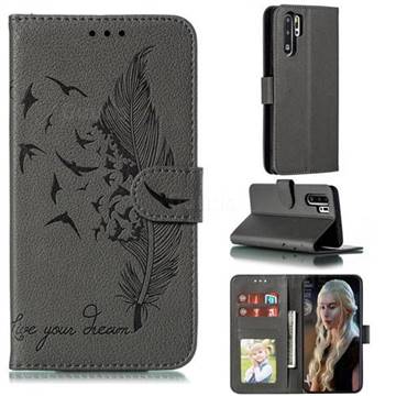 Intricate Embossing Lychee Feather Bird Leather Wallet Case for Huawei P30 Pro - Gray