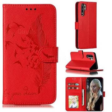 Intricate Embossing Lychee Feather Bird Leather Wallet Case for Huawei P30 Pro - Red