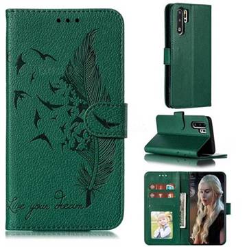 Intricate Embossing Lychee Feather Bird Leather Wallet Case for Huawei P30 Pro - Green