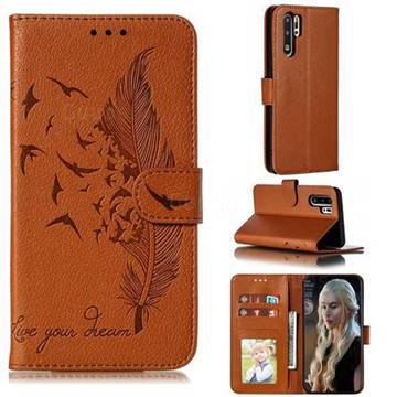 Intricate Embossing Lychee Feather Bird Leather Wallet Case for Huawei P30 Pro - Brown