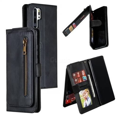 Multifunction 9 Cards Leather Zipper Wallet Phone Case for Huawei P30 Pro - Black