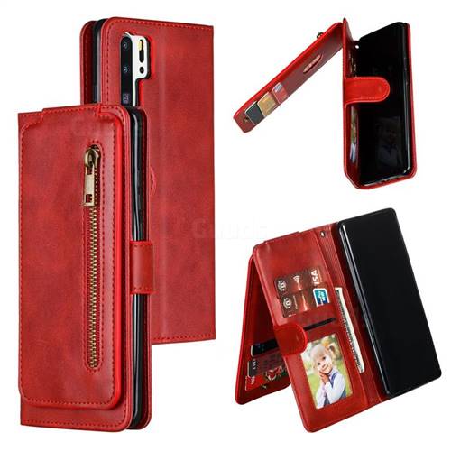 Multifunction 9 Cards Leather Zipper Wallet Phone Case for Huawei P30 Pro - Red
