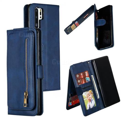 Multifunction 9 Cards Leather Zipper Wallet Phone Case for Huawei P30 Pro - Blue