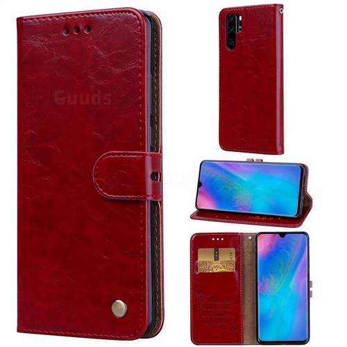 Luxury Retro Oil Wax PU Leather Wallet Phone Case for Huawei P30 Pro - Brown Red