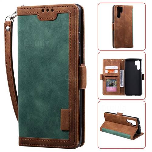 Luxury Retro Stitching Leather Wallet Phone Case for Huawei P30 Pro - Dark Green