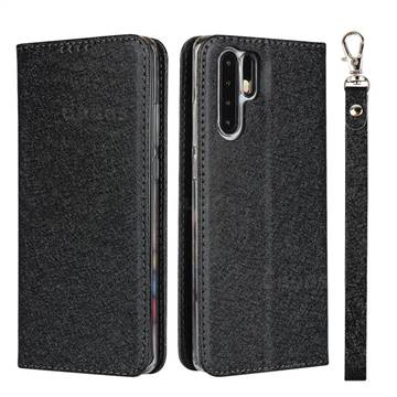 Ultra Slim Magnetic Automatic Suction Silk Lanyard Leather Flip Cover for Huawei P30 Pro - Black