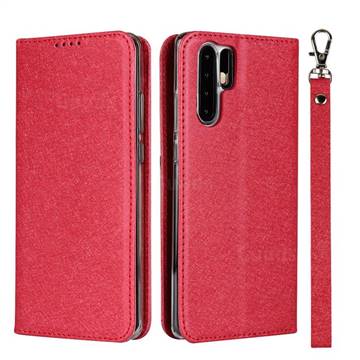 Ultra Slim Magnetic Automatic Suction Silk Lanyard Leather Flip Cover for Huawei P30 Pro - Red