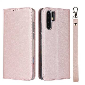 Ultra Slim Magnetic Automatic Suction Silk Lanyard Leather Flip Cover for Huawei P30 Pro - Rose Gold