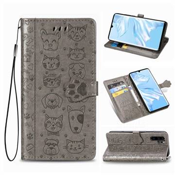 Embossing Dog Paw Kitten and Puppy Leather Wallet Case for Huawei P30 Pro - Gray
