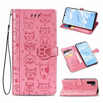 Embossing Dog Paw Kitten and Puppy Leather Wallet Case for Huawei P30 Pro - Pink