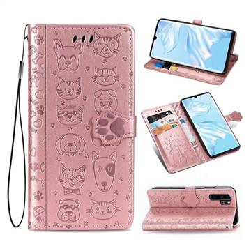 Embossing Dog Paw Kitten and Puppy Leather Wallet Case for Huawei P30 Pro - Rose Gold