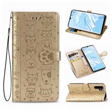 Embossing Dog Paw Kitten and Puppy Leather Wallet Case for Huawei P30 Pro - Champagne Gold