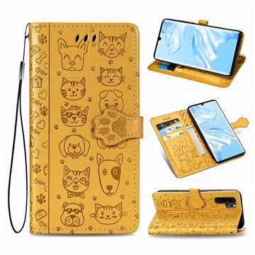 Embossing Dog Paw Kitten and Puppy Leather Wallet Case for Huawei P30 Pro - Yellow