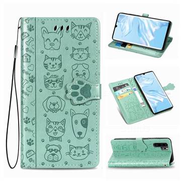 Embossing Dog Paw Kitten and Puppy Leather Wallet Case for Huawei P30 Pro - Green