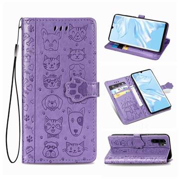 Embossing Dog Paw Kitten and Puppy Leather Wallet Case for Huawei P30 Pro - Purple
