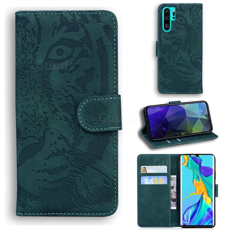 Intricate Embossing Tiger Face Leather Wallet Case for Huawei P30 Pro - Green