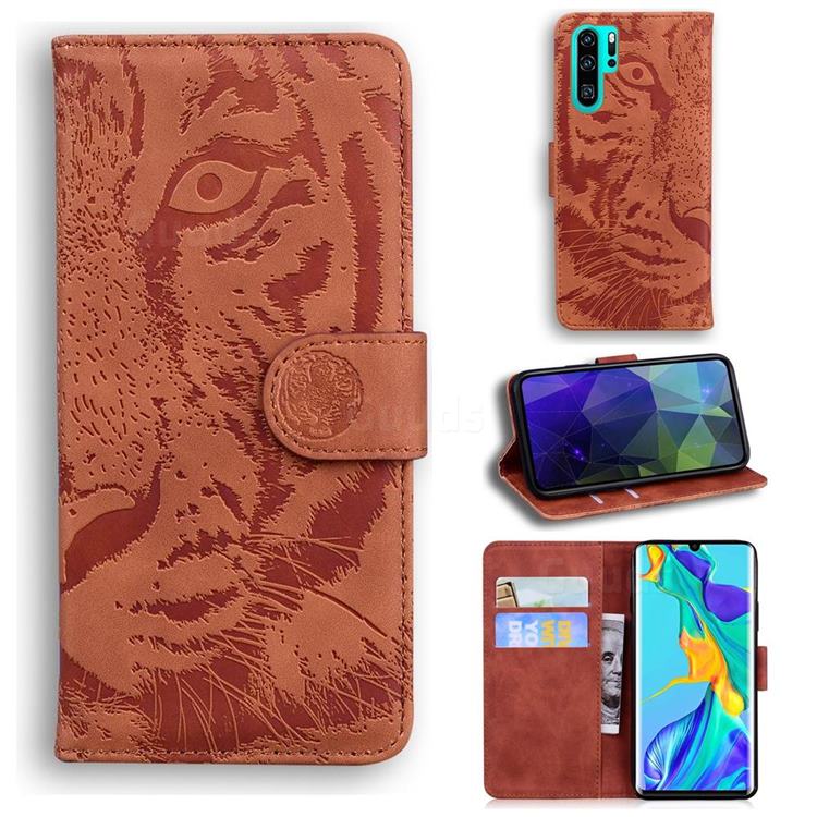 Intricate Embossing Tiger Face Leather Wallet Case for Huawei P30 Pro - Brown