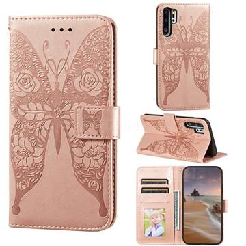 Intricate Embossing Rose Flower Butterfly Leather Wallet Case for Huawei P30 Pro - Rose Gold