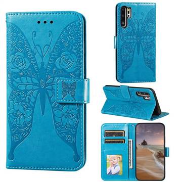 Intricate Embossing Rose Flower Butterfly Leather Wallet Case for Huawei P30 Pro - Blue