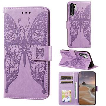 Intricate Embossing Rose Flower Butterfly Leather Wallet Case for Huawei P30 Pro - Purple