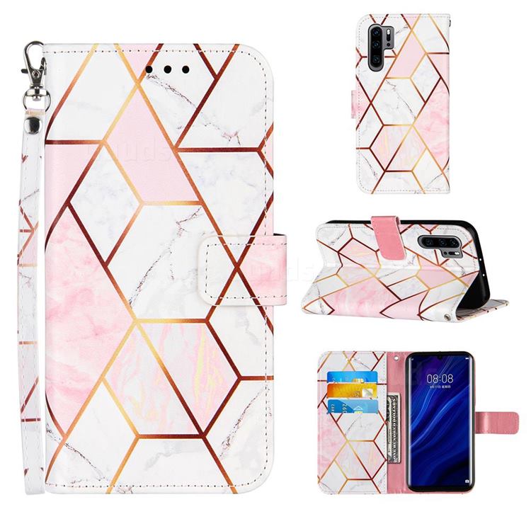 Pink White Stitching Color Marble Leather Wallet Case for Huawei P30 Pro