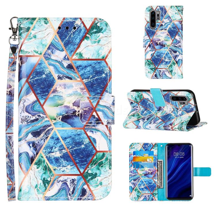Green and Blue Stitching Color Marble Leather Wallet Case for Huawei P30 Pro