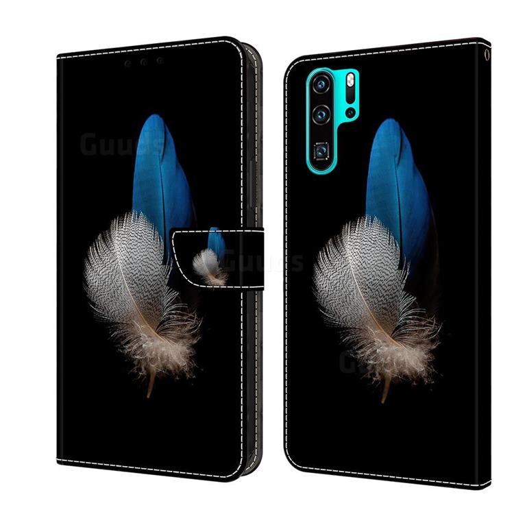 White Blue Feathers Crystal PU Leather Protective Wallet Case Cover for Huawei P30 Pro