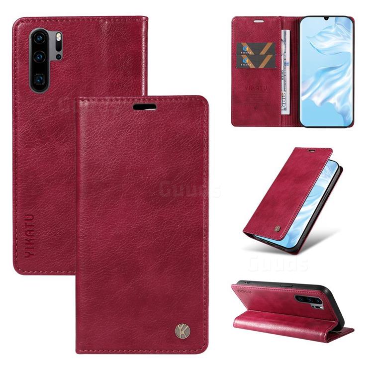 YIKATU Litchi Card Magnetic Automatic Suction Leather Flip Cover for Huawei P30 Pro - Wine Red