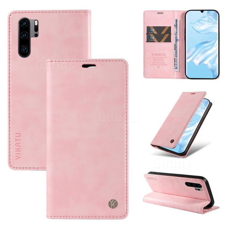 YIKATU Litchi Card Magnetic Automatic Suction Leather Flip Cover for Huawei P30 Pro - Pink