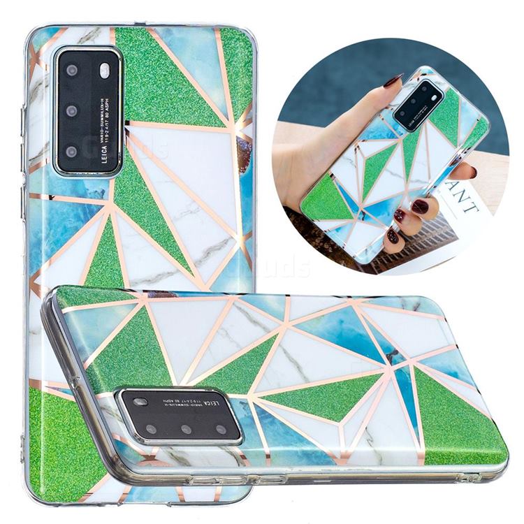Green Triangle Painted Marble Electroplating Protective Case for Huawei P40